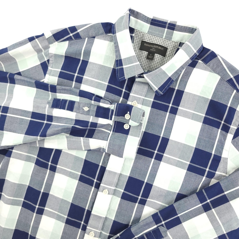 Banana Republic Shirt Mens L Blue Plaid Long Sleeve Button Up Slim Fit Casual